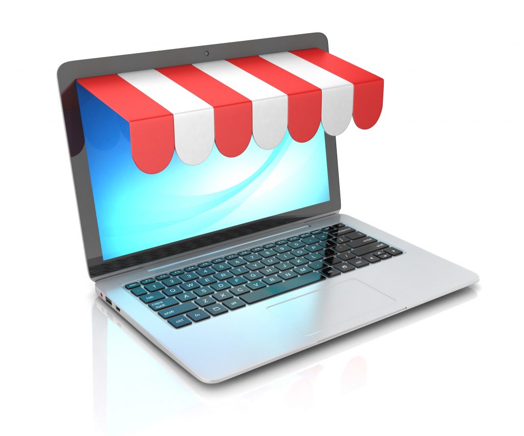 E-commerce, online shopping, laptop with awning, internet shop concept